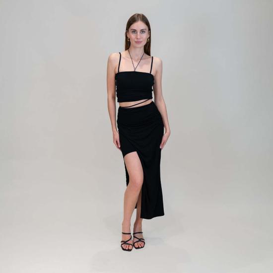  Determ; 미디 스커트 디텀 콜라겐 랩 슬릿 스커트 블랙