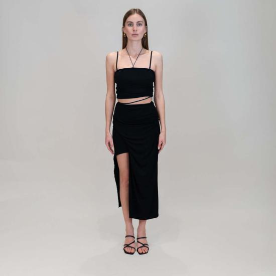  Determ; 미디 스커트 디텀 콜라겐 랩 슬릿 스커트 블랙 - OTHER BRANDS