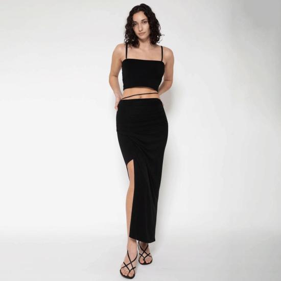  Determ; 미디 스커트 디텀 콜라겐 랩 슬릿 스커트 블랙 - OTHER BRANDS