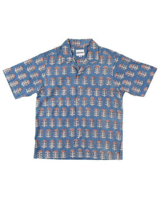  DUSHYANT. 반팔 셔츠 두샨트. 핸드 블록 프린팅 돈 캠프 칼라 , 연한 파란색 트라이벌 프린트