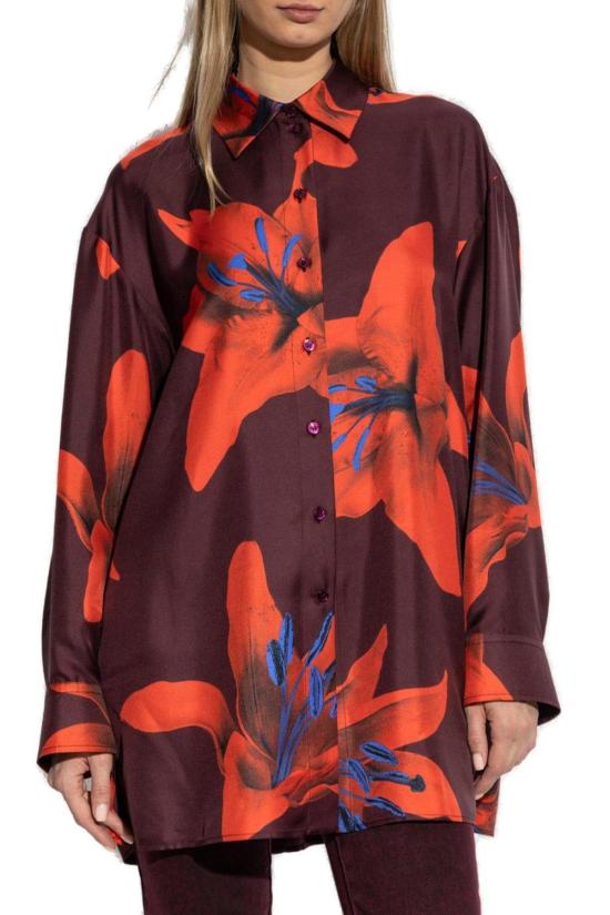  알렉산더 맥퀸 블라우스 플로럴 프린트 버튼 셔츠 버건디 파이어레드 - ALEXANDER MCQUEEN