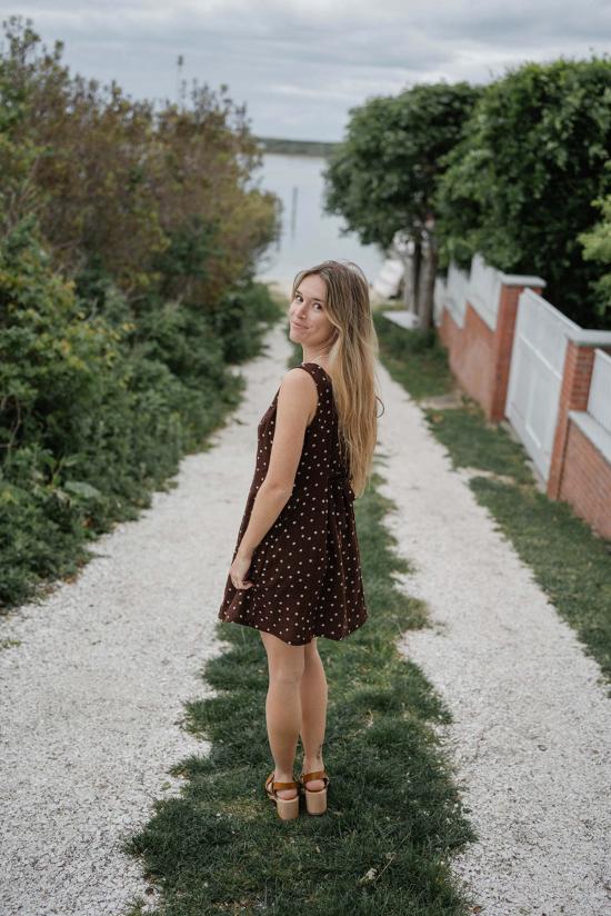  콘라도 숏 원피스 갈 폴카 도트 미니 드레스 - CONRADO