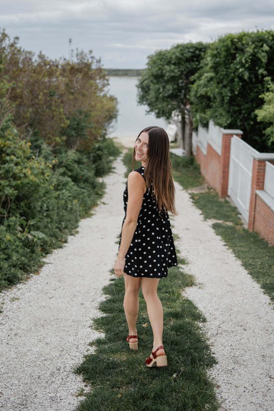  콘라도 숏 원피스 갈 폴카 도트 미니 드레스 - CONRADO