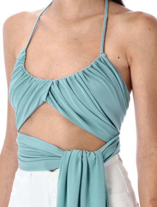  알라이아 블라우스 크로스 플리츠 탑 블루 라이트 오션 - ALAIA