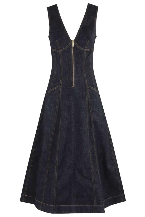  셀프 포트레이트 미디 원피스 데님 미디 드레스 블루