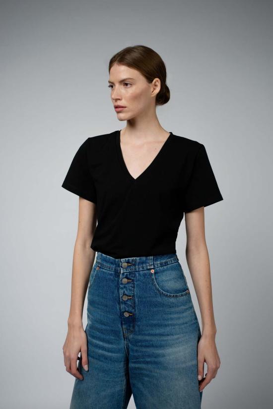  산티클레르 바디수트 티셔츠 노라 오가닉 코튼 번들 브이넥 바디수트 화이트/블랙 - SANTICLER