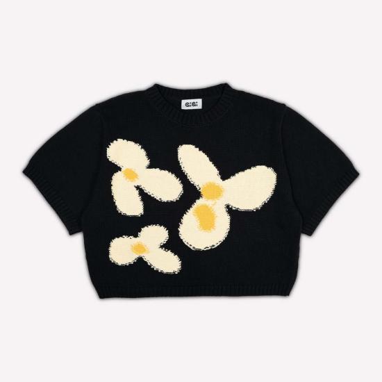  지지 니트웨어 반팔 티셔츠 플라워 코튼 니트 티셔츠 - GIGI KNITWEAR