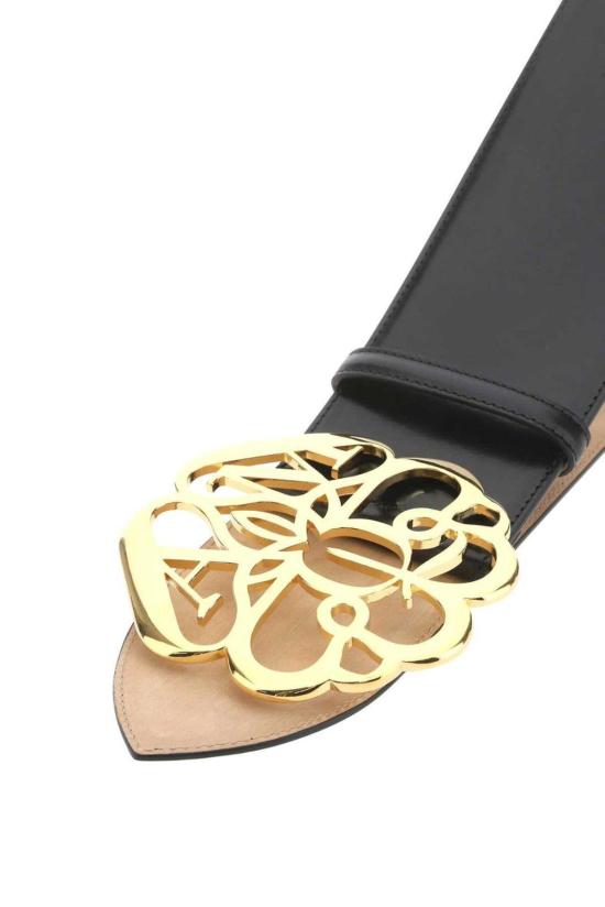  알렉산더 맥퀸 와이드 벨트 플라워 로고 플라크 버클  블랙 - ALEXANDER MCQUEEN