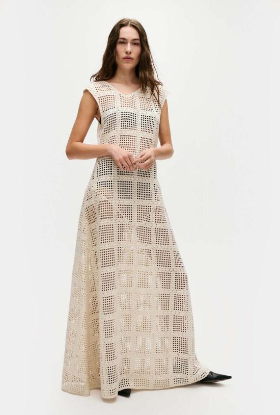  실크 런드리 롱 원피스 실크 세탁 면 격자 무늬 드레스 내추럴