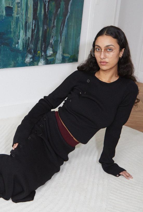  샘디 미디 스커트 디컨스트럭티드 리브 스커트 - SAEMDI