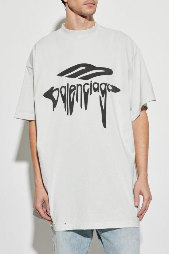  발렌시아가 반팔 티셔츠 라이트 그레이 코튼 오버사이즈 티셔츠 더티화이트블랙 - BALENCIAGA