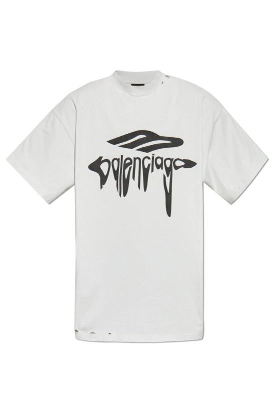  발렌시아가 반팔 티셔츠 라이트 그레이 코튼 오버사이즈 티셔츠 더티화이트블랙