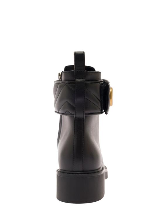  구찌 부츠 블랙 앵클 , 더블 G 로고와 질감 있는 금속 장식, 가죽 소재 - GUCCI