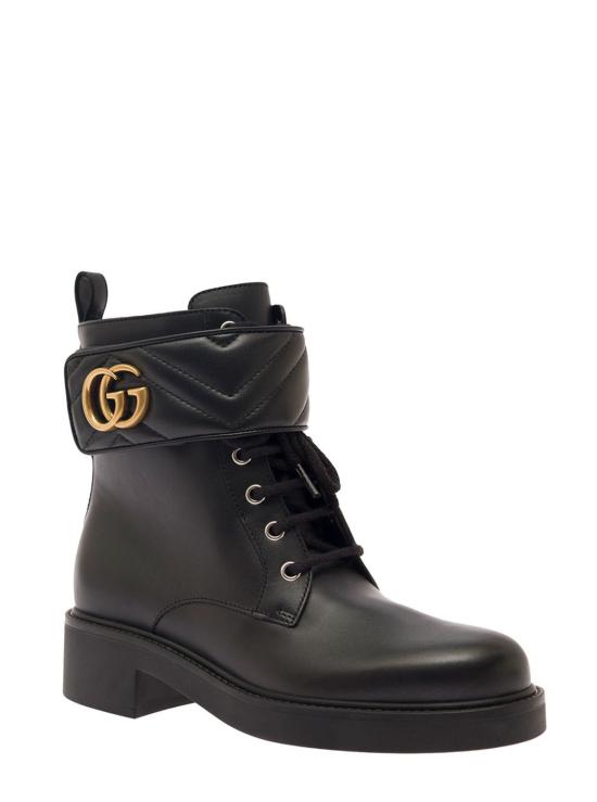  구찌 부츠 블랙 앵클 , 더블 G 로고와 질감 있는 금속 장식, 가죽 소재 - GUCCI