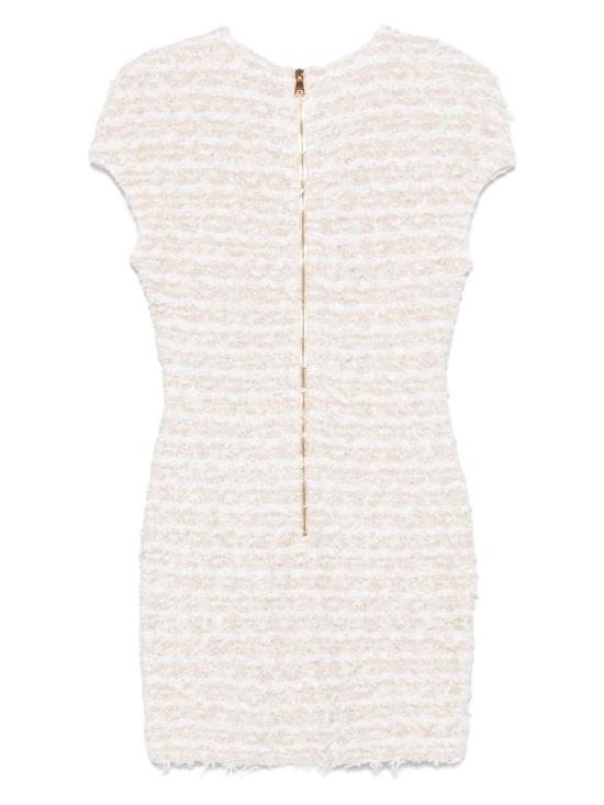  발망 숏 원피스 뒷면 지퍼 노출형 크루넥 반팔 드레스 화이트 - BALMAIN