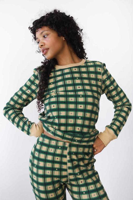  노블 긴팔 티셔츠 와플 탑 체크 - NOBLE