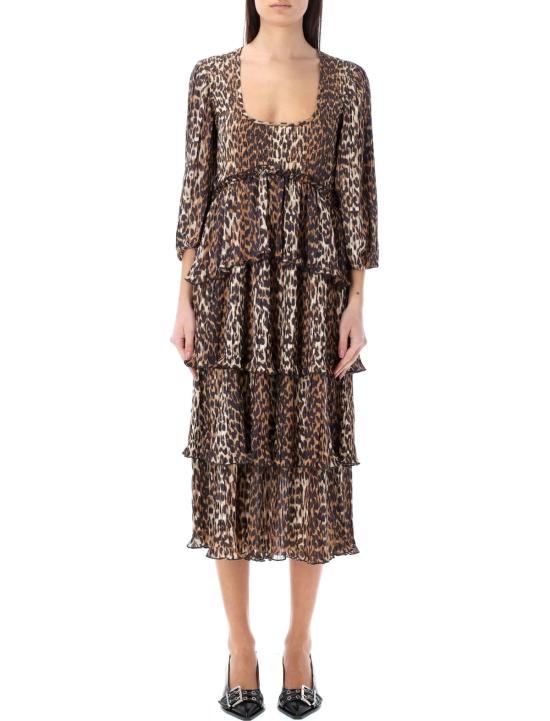  가니 미디 원피스 플리츠 조젯 레오파드 미디 드레스 브라운