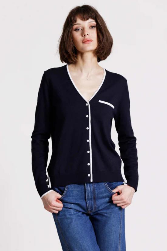  미니 로즈 가디건 브이넥 긴팔  (팁 장식 포함) 네이비