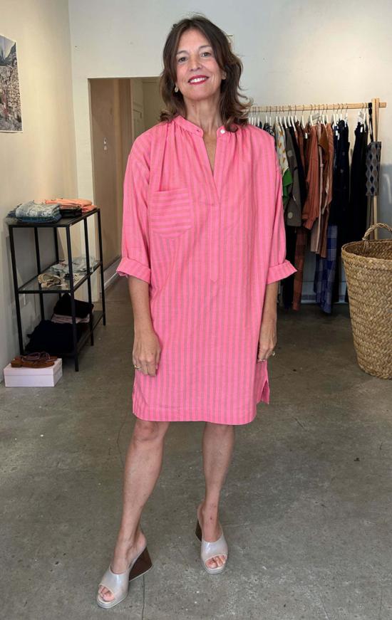  투 튜닉 밝은 핑크색 줄무늬 긴팔 버튼  (2개) - TWO