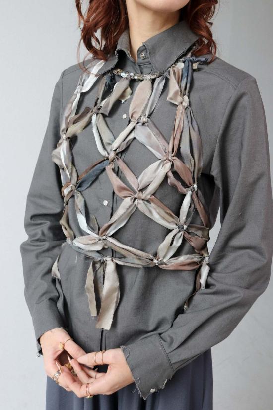  카렘 블라우스 커넥트 2 핸드니트 실크 크롭 홀터넥 타이 탑