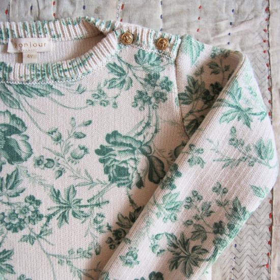  [키즈] 봉주르 풀오버 어린이용  니트 점퍼, 녹색 꽃무늬 태피스트리 - BONJOUR