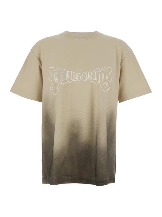  퍼플 브랜드 반팔 티셔츠 로고 프린트와 바랜 듯한 베이지색 효과가 있는 보라색 크루넥 티셔츠