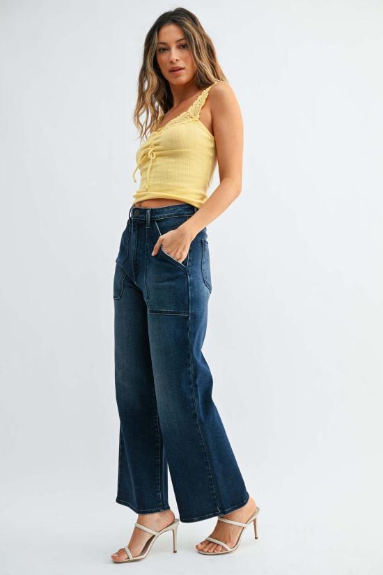  저스트 블랙 데님 데님 팬츠 패치 포켓 와이드 레그 - JUST BLACK DENIM