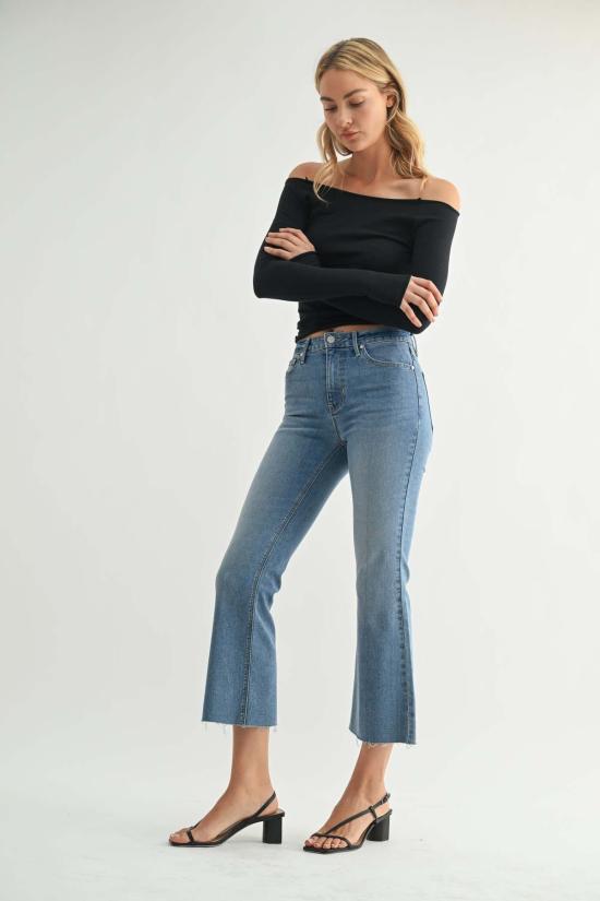  저스트 블랙 데님 데님 팬츠 하이라이즈 크롭 플레어 진 미디엄 데님 - JUST BLACK DENIM