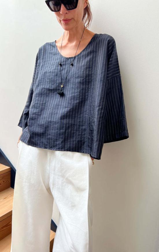  Two 반팔 티셔츠 크롭 실크 탑 블랙/실버 스트라이프 2개 - OTHER BRANDS