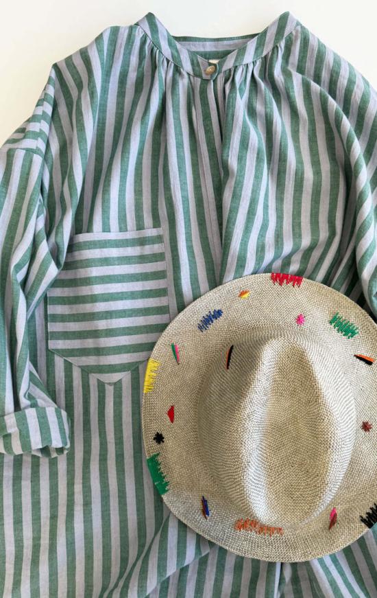  투 튜닉 원 버튼 스트라이프 긴팔  그린/라벤더 - TWO