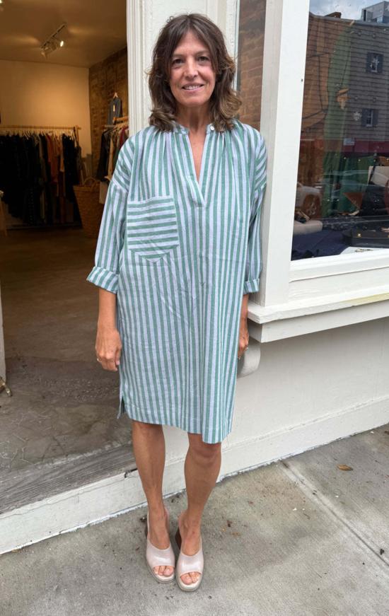  투 튜닉 원 버튼 스트라이프 긴팔  그린/라벤더