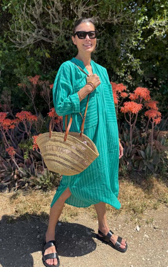  투 롱 원피스 포켓 카프탄 에메랄드 스트라이프