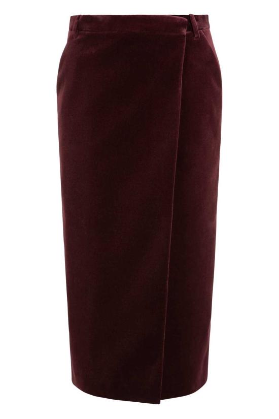  생로랑 미디 스커트 벨벳  레드 퍼플 오 그레이프 - SAINT LAURENT