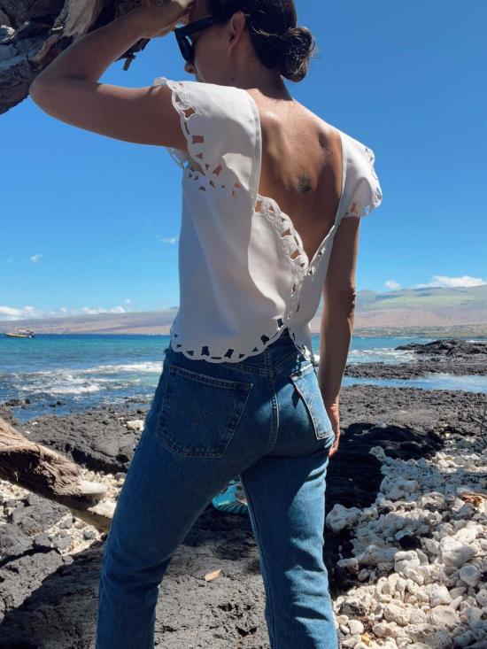  핀 앤 레이 블라우스 핀앤레이 버튼 앞면 레이스 냅킨 탑 - FIN AND RAY