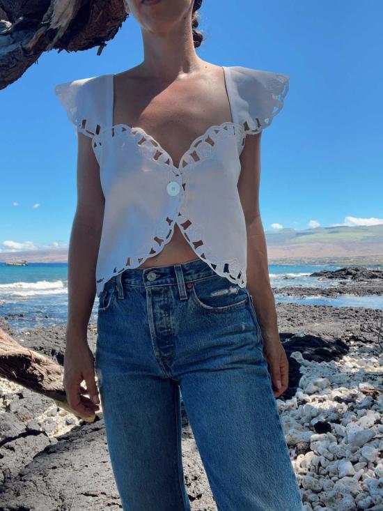  핀 앤 레이 블라우스 핀앤레이 버튼 앞면 레이스 냅킨 탑