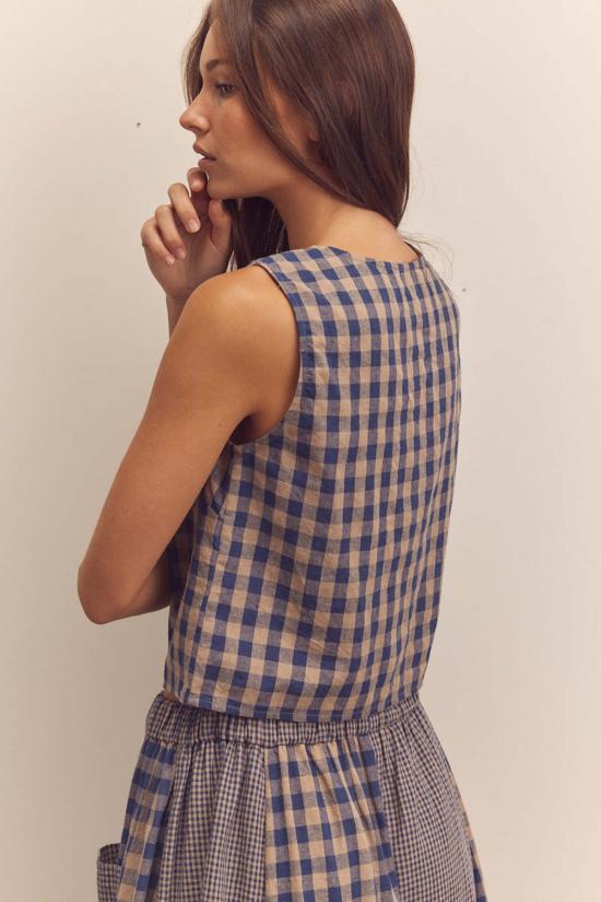  amente 셔츠 아멘테 코튼 깅엄 민소매 버튼다운  블루 - AMENTE