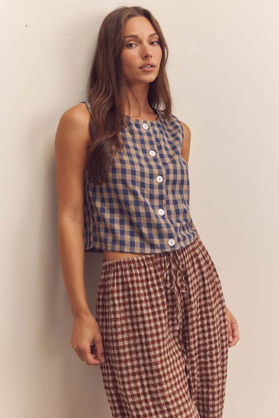  amente 셔츠 아멘테 코튼 깅엄 민소매 버튼다운  블루 - AMENTE