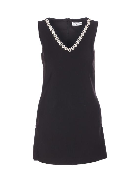  셀프 포트레이트 숏 원피스 크레이프 크리스탈 트림 미니 드레스 블랙