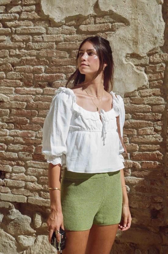  메릿 찰스 민소매 티셔츠 매기 크롭 레이스 코튼 블라우스 화이트 - MERRITT CHARLES