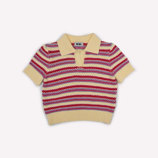  지지 니트웨어 반팔 티셔츠 스트라이프 폴로 탑 - GIGI KNITWEAR