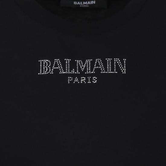  [키즈] 발망 트레이닝 상의 아동용 실버 라인스톤 로고 티셔츠 블랙 - BALMAIN