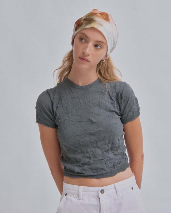  사야카 다비스 뉴욕 반팔 티셔츠 사야카 데이비스 뉴욕 크링클드 쁘띠 니트 티셔츠 스틸