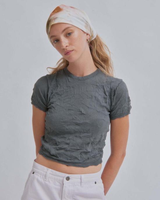  사야카 다비스 뉴욕 반팔 티셔츠 사야카 데이비스 뉴욕 크링클드 쁘띠 니트 티셔츠 스틸 - SAYAKA DAVIS NEW YORK