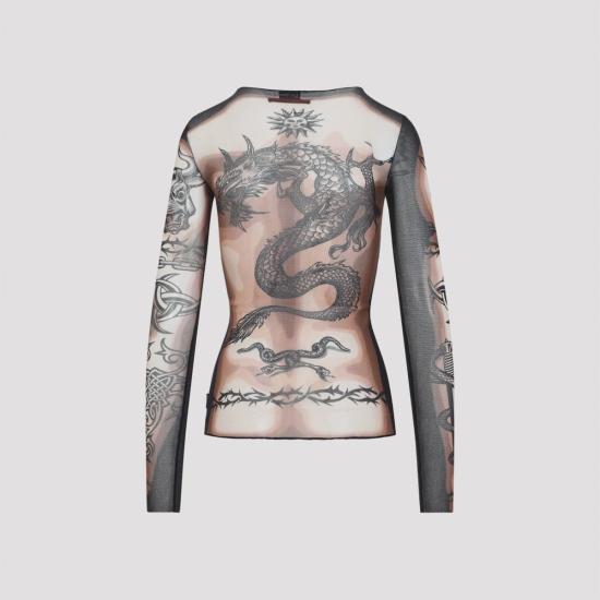  장 폴 고티에 긴팔 티셔츠 안전한 성관계 문신 상의 누드 브라운 블랙 - JEAN PAUL GAULTIER