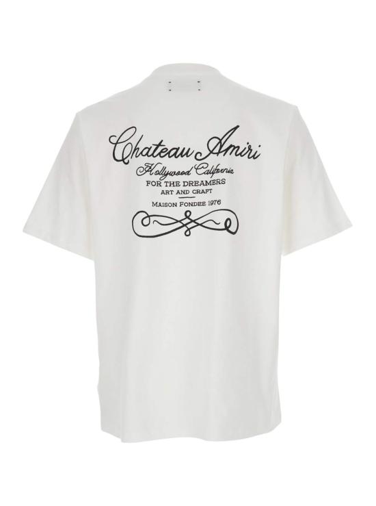  아미리 반팔 티셔츠 크루넥 티셔츠, 앞면 로고 디테일, 뒷면 맥시 기장, 화이트 색상 - AMIRI