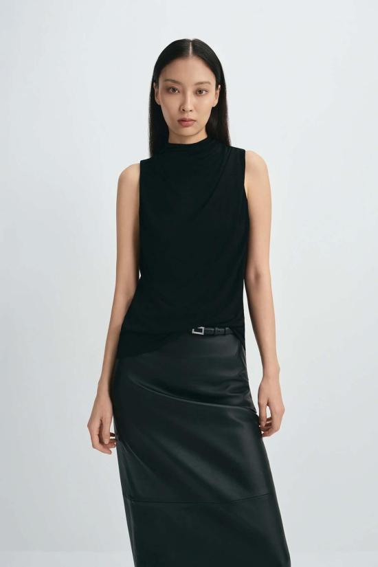  소피 루 블라우스 알레시아 드레이프 하이넥 탑 블랙