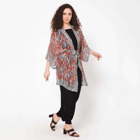  비스마야 자켓 인상주의 프린트 루렉스 기모노 크림슨 그레이 - VISMAYA