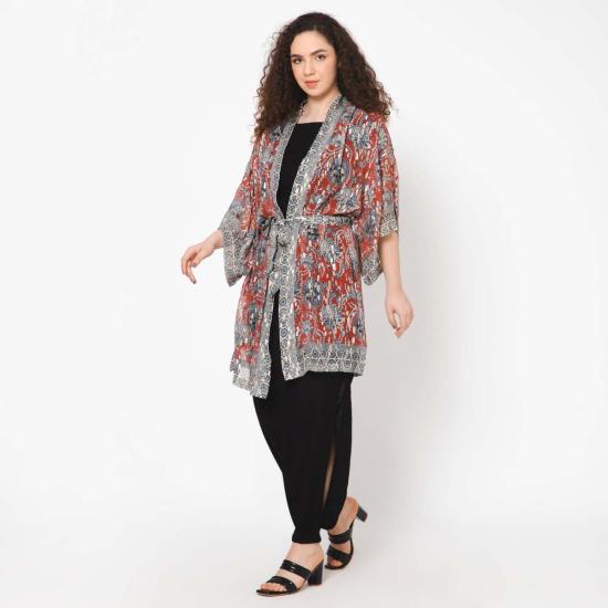  비스마야 자켓 인상주의 프린트 루렉스 기모노 크림슨 그레이 - VISMAYA