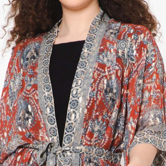  비스마야 자켓 인상주의 프린트 루렉스 기모노 크림슨 그레이 - VISMAYA