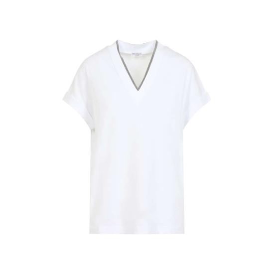  브루넬로 쿠치넬리 반팔 티셔츠 Brunello Cucinelli V 넥 Monile T 셔츠 화이트 - BRUNELLO CUCINELLI